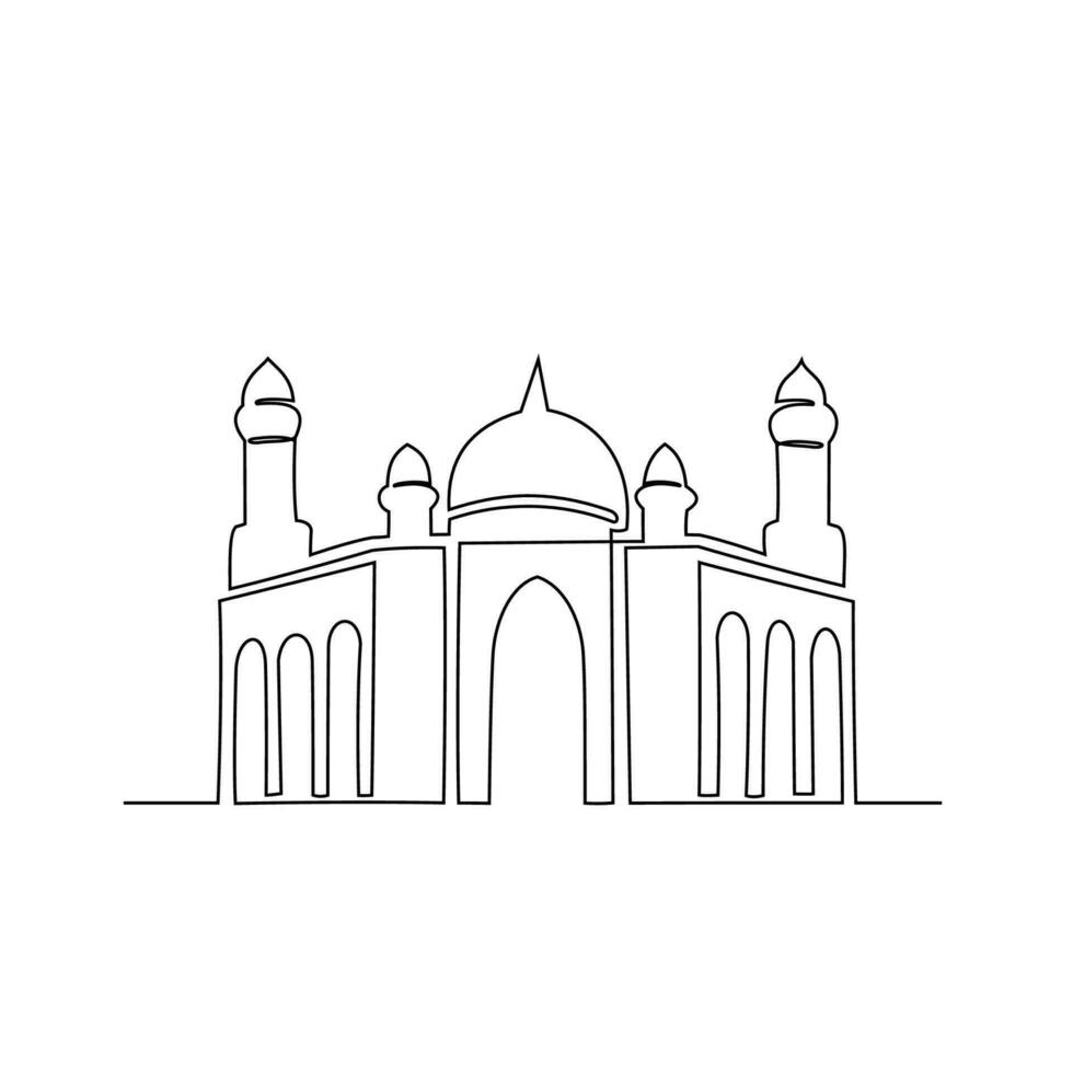 ett kontinuerlig linje teckning av en moskén. design plats av moslem bön- med enkel linjär stil. ramadan kareem design begrepp vektor