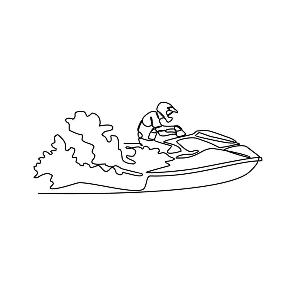 ett kontinuerlig linje teckning av en människor spelar Jet ski på de hav. Jet ski begrepp illustration i enkel linjär stil. hav spratt design begrepp vektor illustration