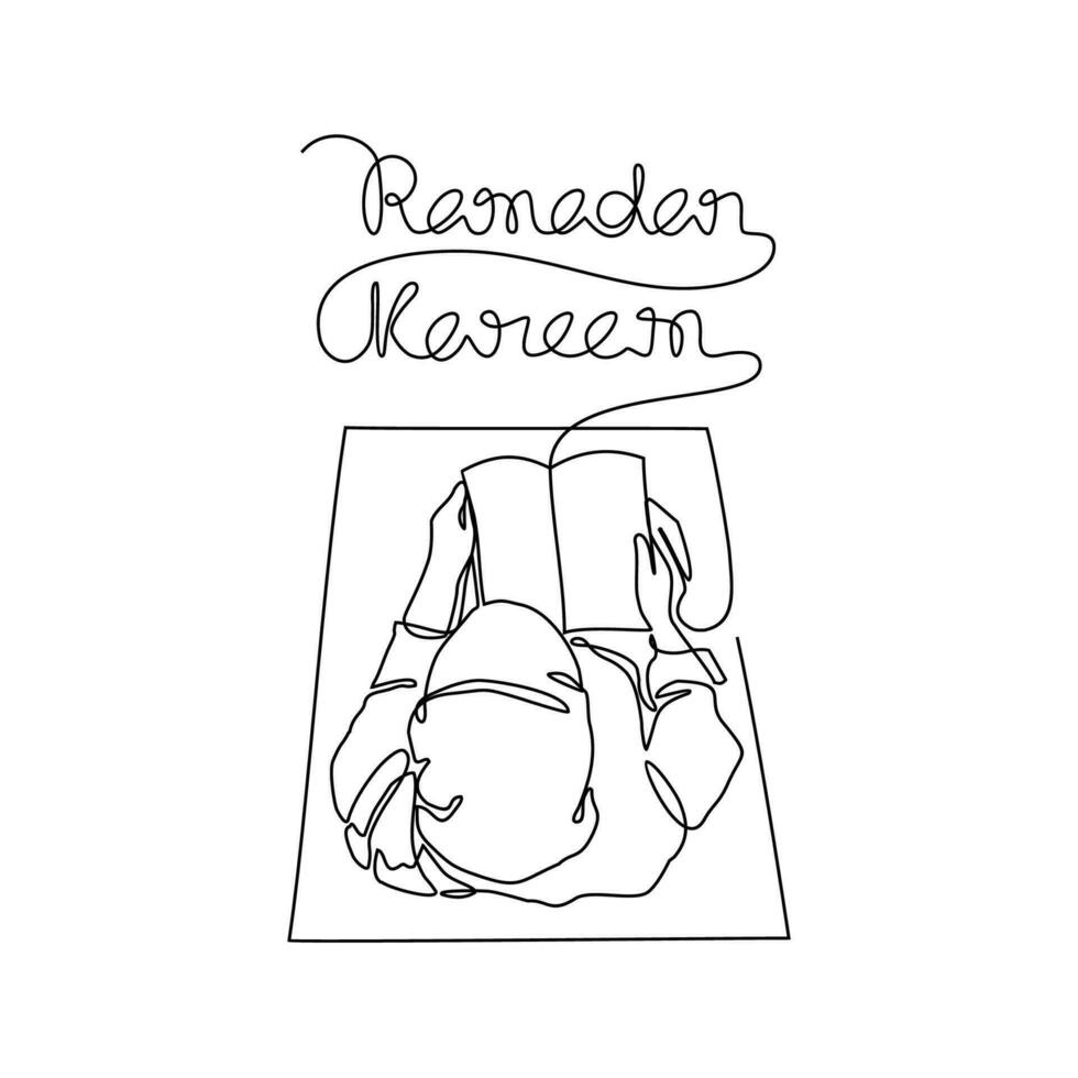 moslem kvinna läsa quran i de moské under Ramadhan tid i kontinuerlig linje konst teckning stil. design med minimalistisk svart linjär design isolerat på vit bakgrund. vektor illustration