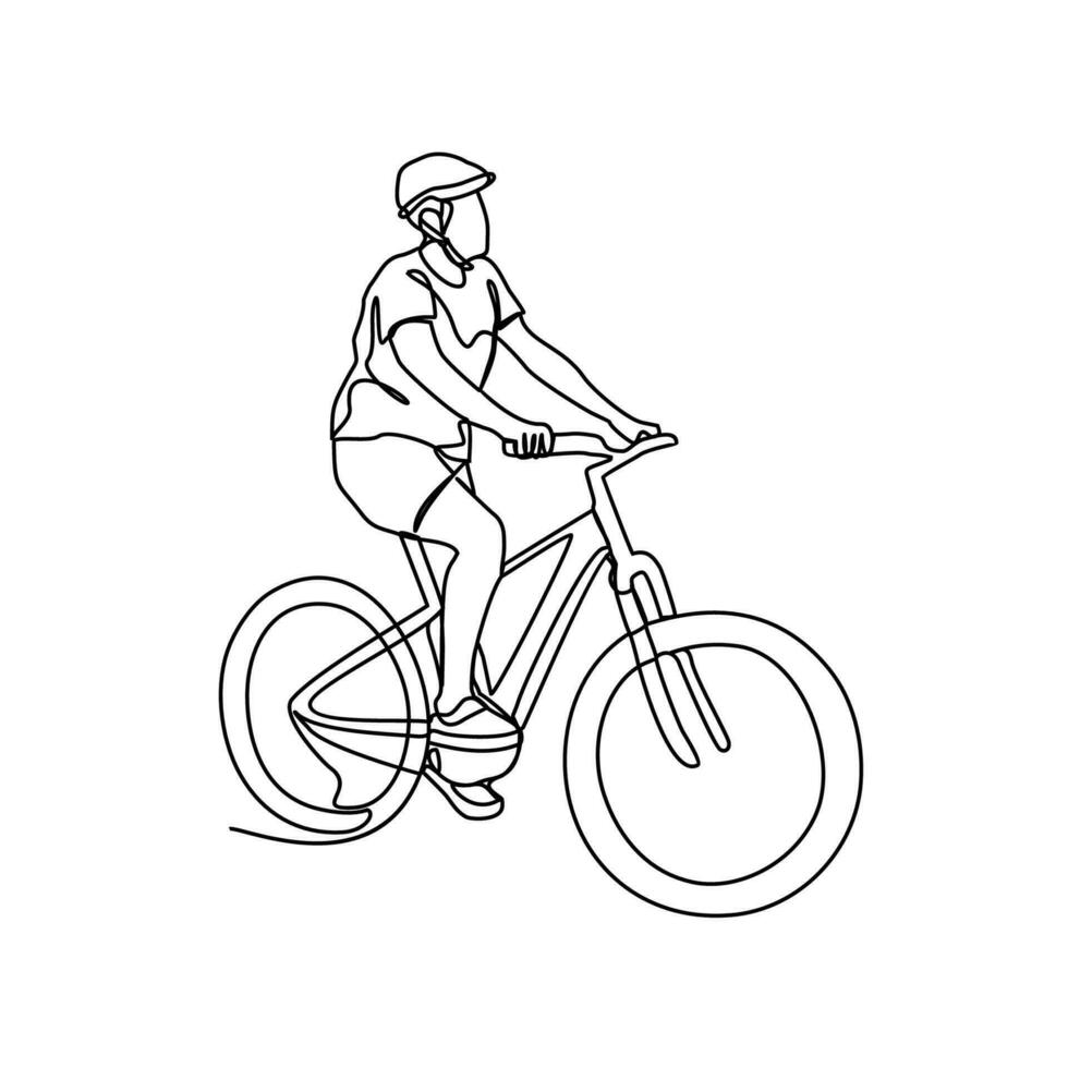 ein Mann Verwendet ein Fahrrad zu gehen zu Arbeit im kontinuierlich Linie Kunst Zeichnung Stil. Design mit minimalistisch schwarz linear Design isoliert auf Weiß Hintergrund. Sport Themen Vektor Illustration