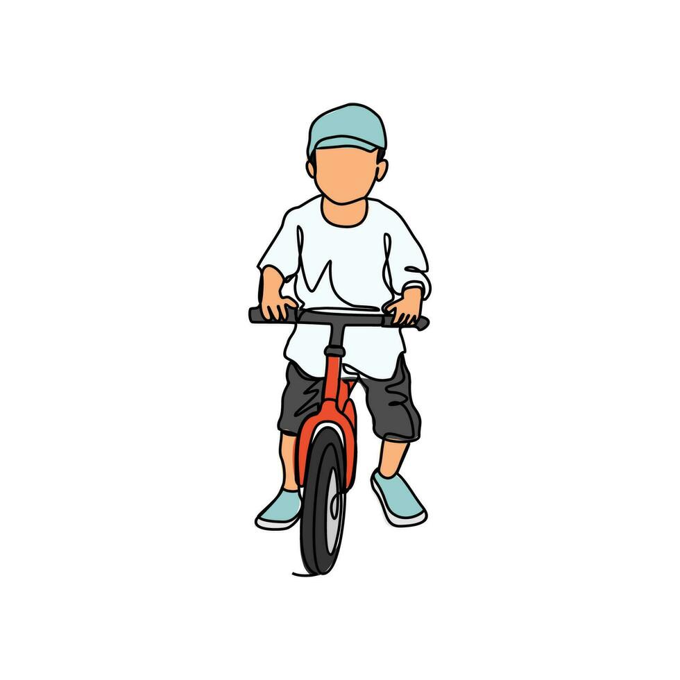 en barn är inlärning till använda sig av en cykel i kontinuerlig linje konst teckning stil. design med minimalistisk svart linjär design isolerat på vit bakgrund. sport teman vektor illustration