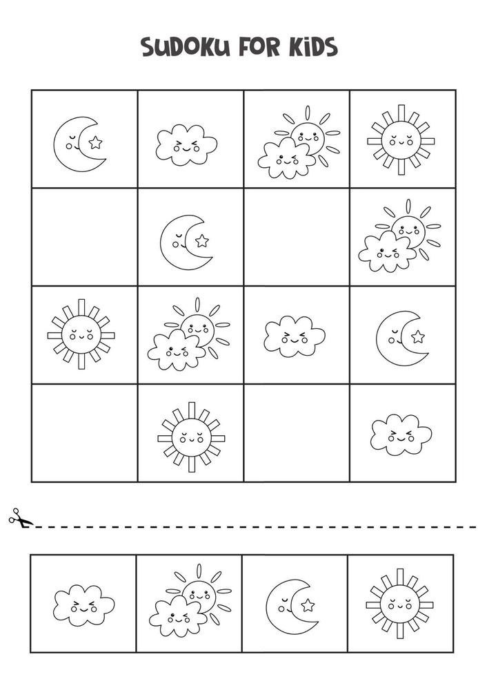 Sudoku-Spiel für Kinder mit niedlichen Schwarzweiss-Wettersymbolen vektor