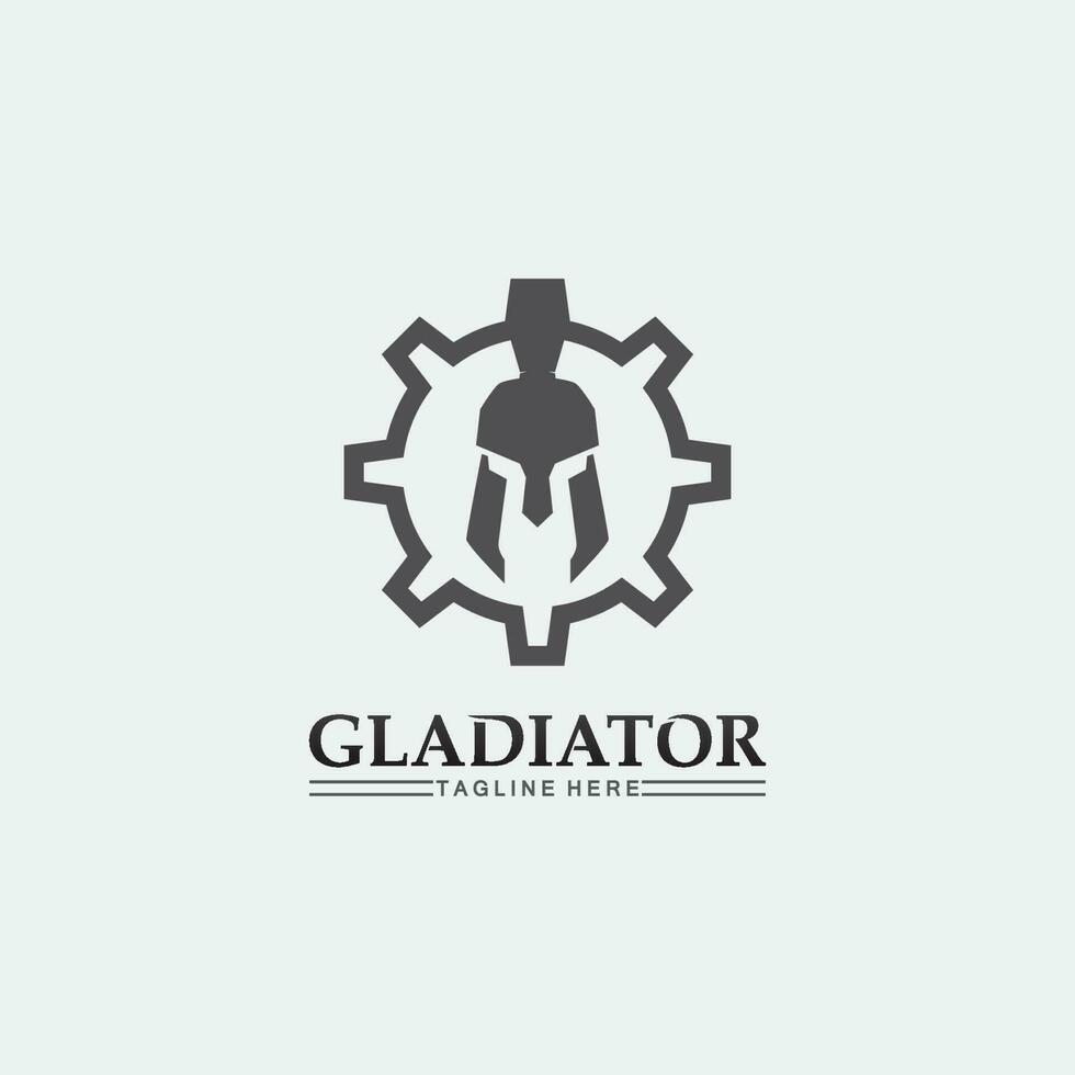 spartanisches Helmlogo und Gladiator, Macht, Vintage, Schwert, Sicherheit, legendäres Logo und Vektor des Soldatenklassikers