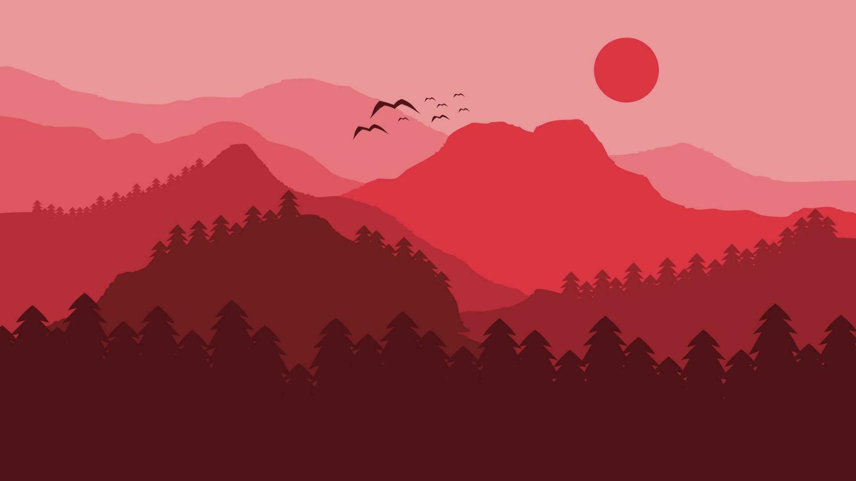 abstrakt Mauer Kunst. schön Wald und Berg Landschaft im eben Design mit rot Farbe Komposition. geeignet zum Poster und Zuhause Mauer Dekoration vektor