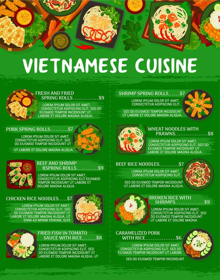 Vietnamesisch Küche Speisekarte Seite Vektor Vorlage
