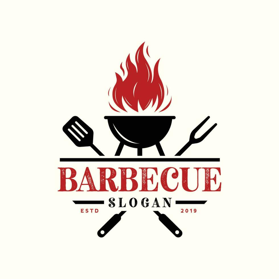 utegrill restaurang - minimalistisk logotyp begrepp. logotyp av utegrill, grill och bar med brand, grill gaffel och spatel. bbq logotyp mall. grunge textur. vektor illustration