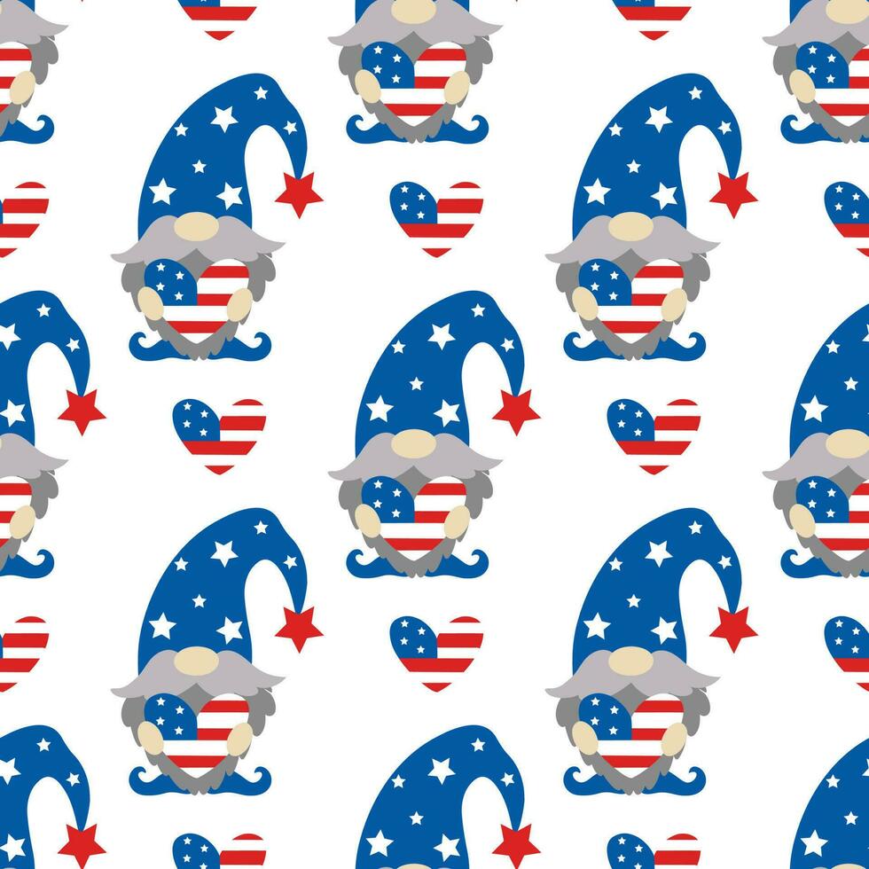 patriotisch Zwerge durch Juli 4 .. nahtlos Vektor Muster. amerikanisch Unabhängigkeit Tag. süß Zwerg mit ein Bart halten ein Herz mit USA Flagge. Kobold im ein Deckel mit Sterne. eben Karikatur Hintergrund zum Netz