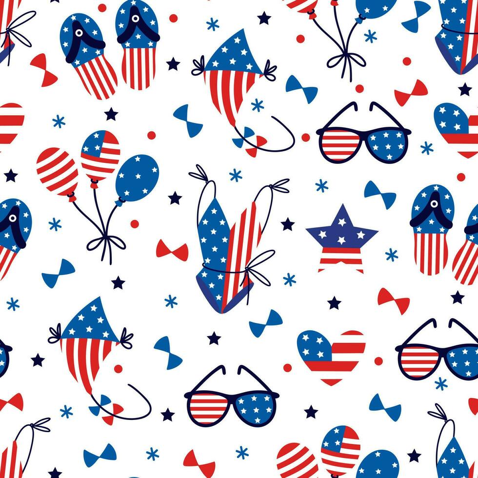 Amerika Unabhängigkeit Tag nahtlos Vektor Muster. Symbol von Sommer- Meer Ferien - - USA Flagge Badeanzug, Sonnenbrille, Drachen, Flip Flops, Luftballons. patriotisch Urlaub Juli 4. eben Karikatur Hintergrund zum Netz