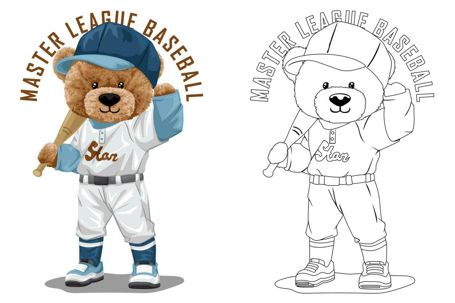 Hand gezeichnet Vektor Illustration von Teddy Bär im Baseball Kostüm. Färbung Buch oder Seite