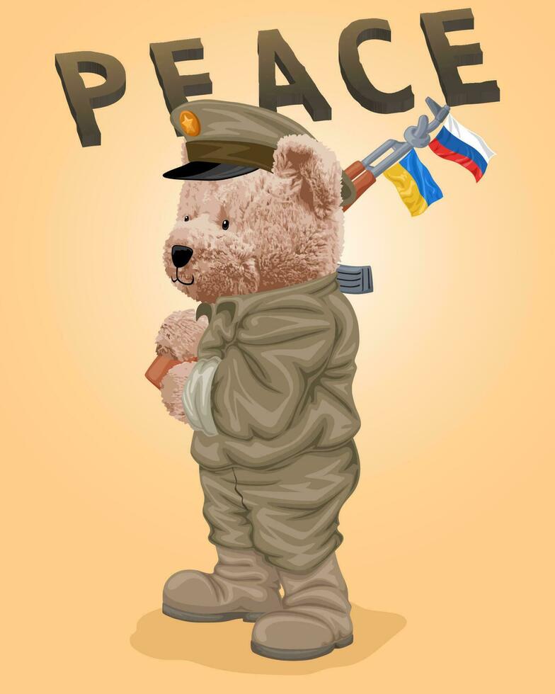 Vektor Illustration von Bär im Militär- Kostüm halten Waffe mit Russisch und ukrainisch Flagge