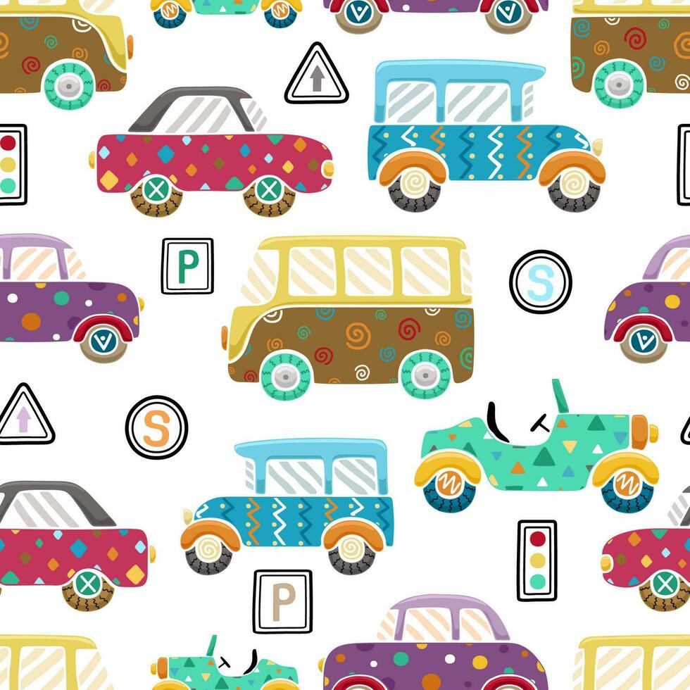 nahtlos Muster Vektor von Hand gezeichnet Autos mit Straße Zeichen im bunt Ornamente