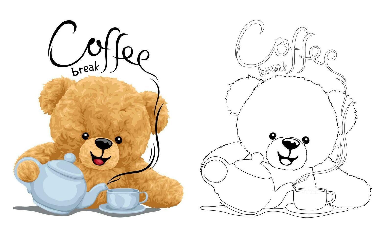 Hand gezeichnet Vektor Illustration von Teddy Bär genießen Kaffee. Färbung Buch oder Seite