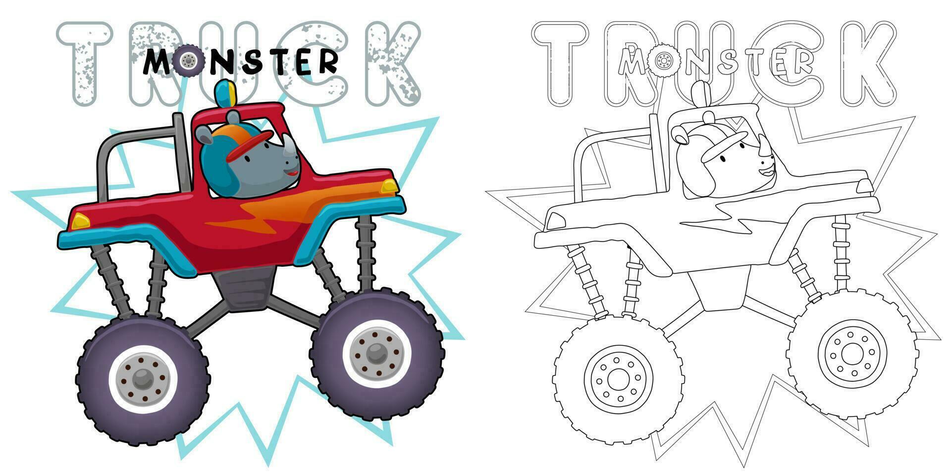 hand dragen av rolig noshörning tecknad serie på monster lastbil, färg bok eller sida vektor