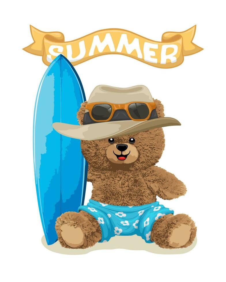 Vektor Illustration von Teddy Bär im Sommer- Kleider mit Surfbrett