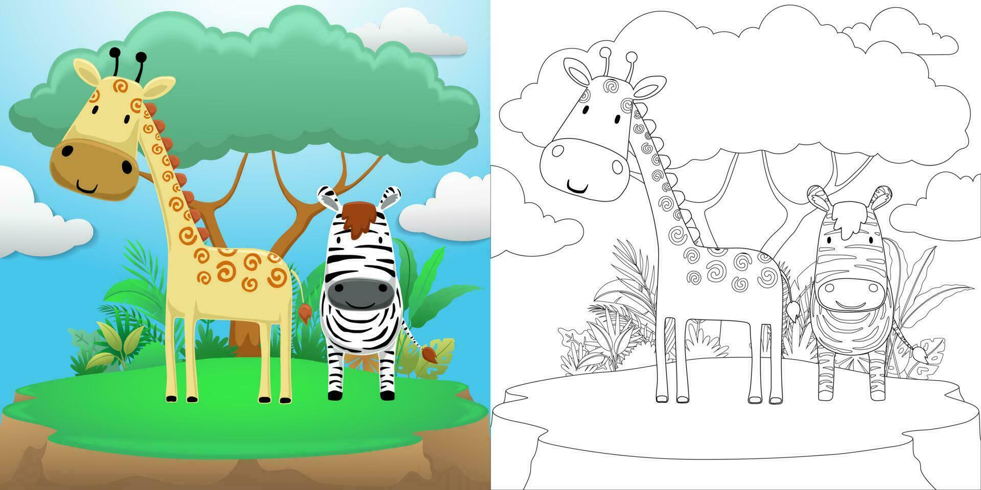 tecknad serie av giraff och zebra på träd bakgrund i skog vektor