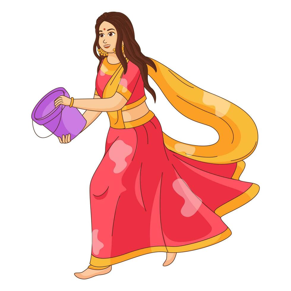 schön indisch jung Mädchen halten lila Eimer im Gehen oder Laufen Pose. vektor