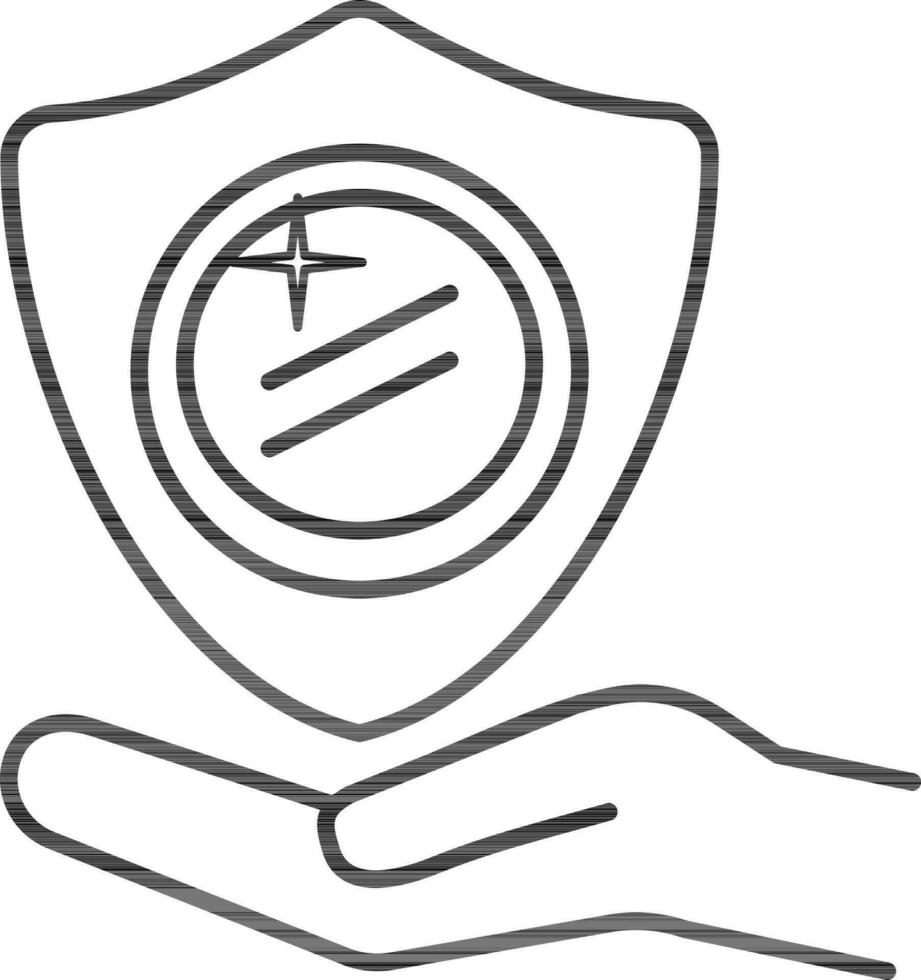 Münze mit Schild auf Hand Linie Symbol zum Geld Versicherung oder Schutz. vektor