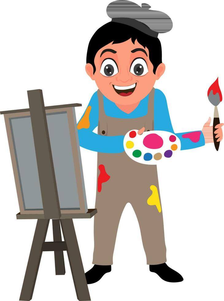pojke innehav målning borsta med färgrik palett och stående duk. vektor