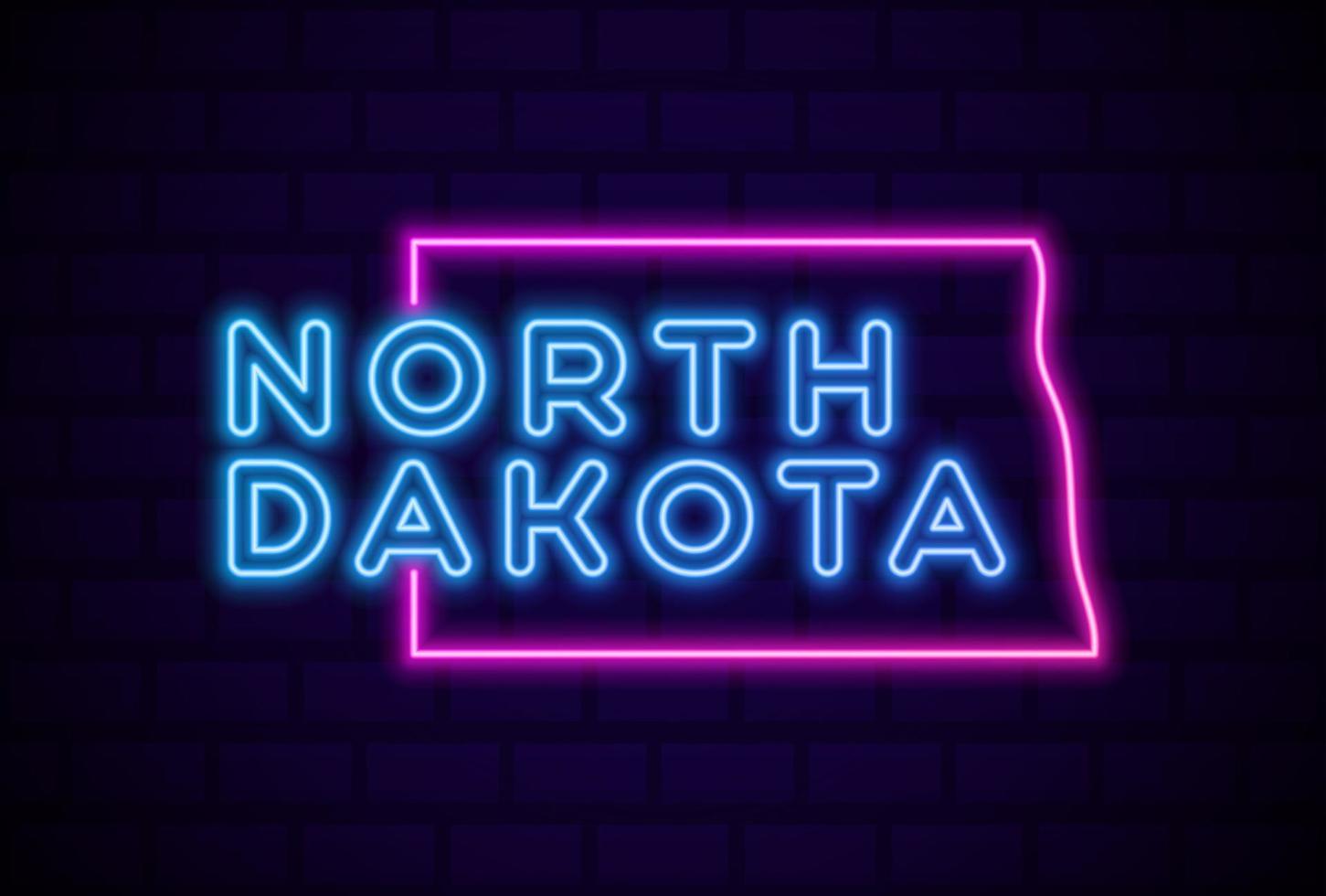 norra dakota oss staten glödande neonlampa tecken realistisk vektor illustration blå tegel vägg glöd