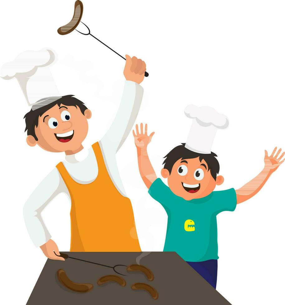Vater und Sohn Kochen Essen auf Grill. vektor