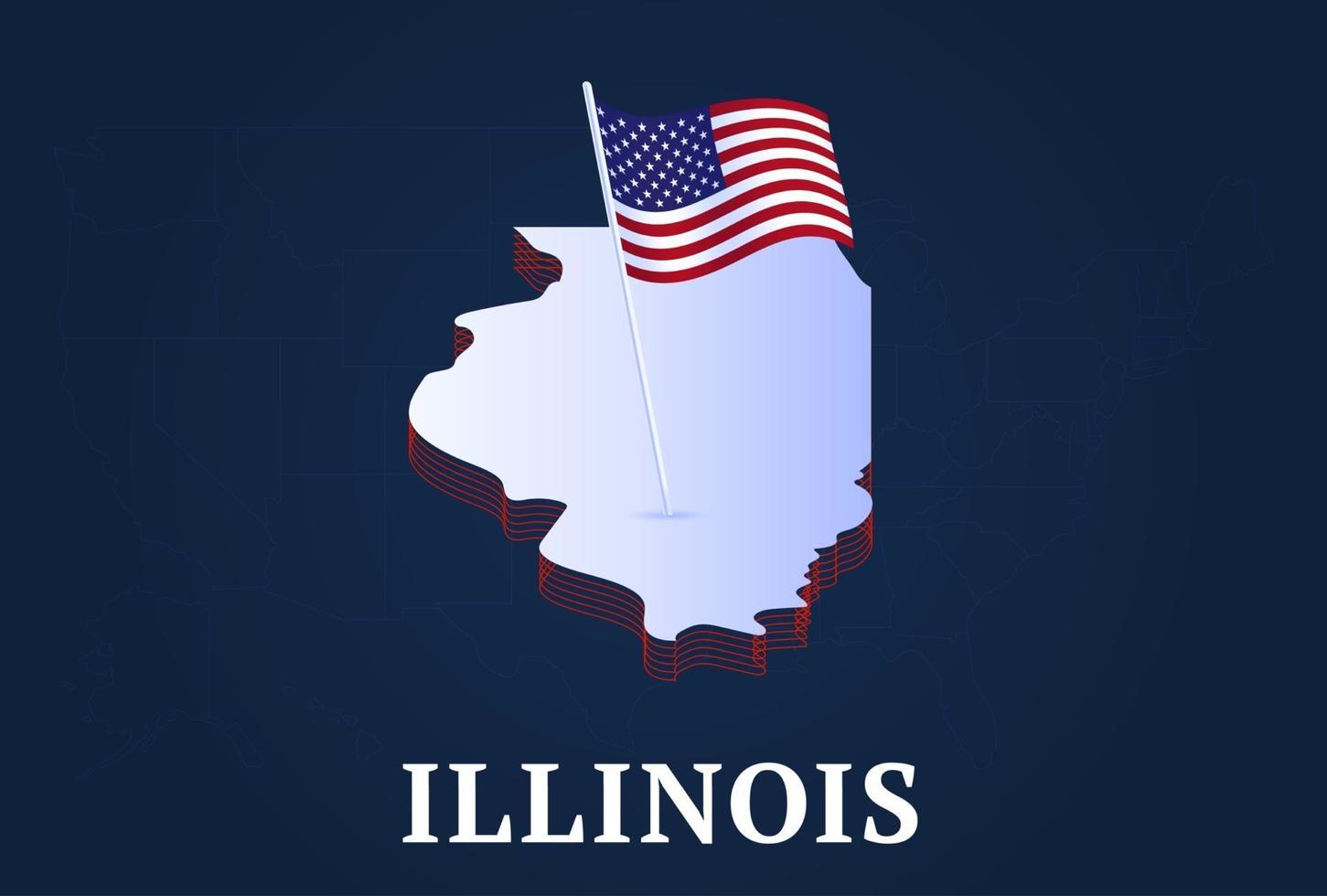 illinois state isometrisk karta och usa natioanl flagga 3d isometrisk form av oss state vektorillustration vektor