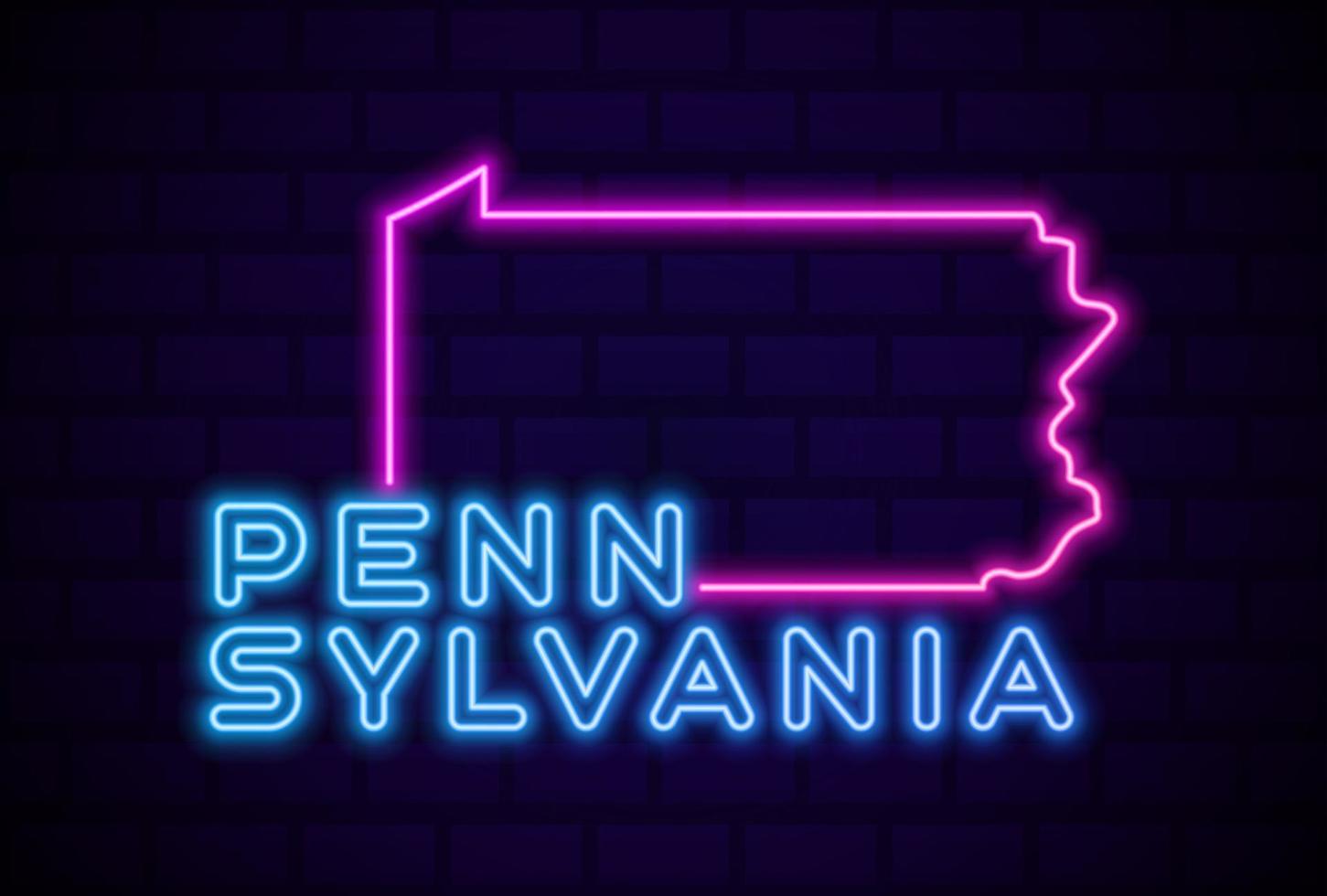 pennsylvania us state glödande neonlampa tecken realistisk vektor illustration blå tegel vägg glöd