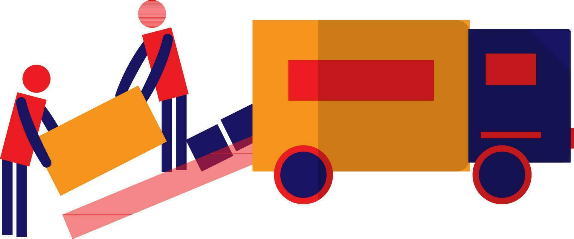 karaktär av man innehav lådor läser in i lastbil. vektor
