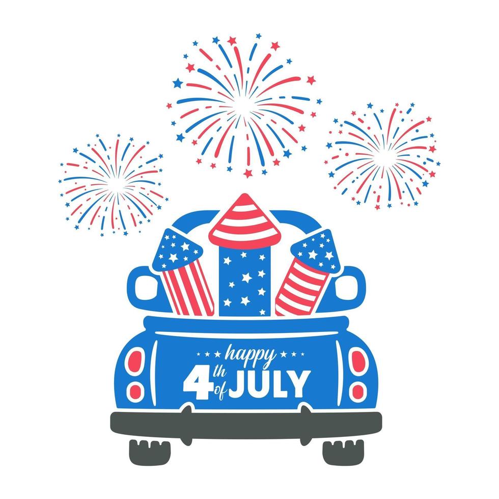 4. Juli ein Lastwagen mit Raketen, um am Unabhängigkeitstag ein Feuerwerk mit amerikanischer Flagge abzuschießen vektor