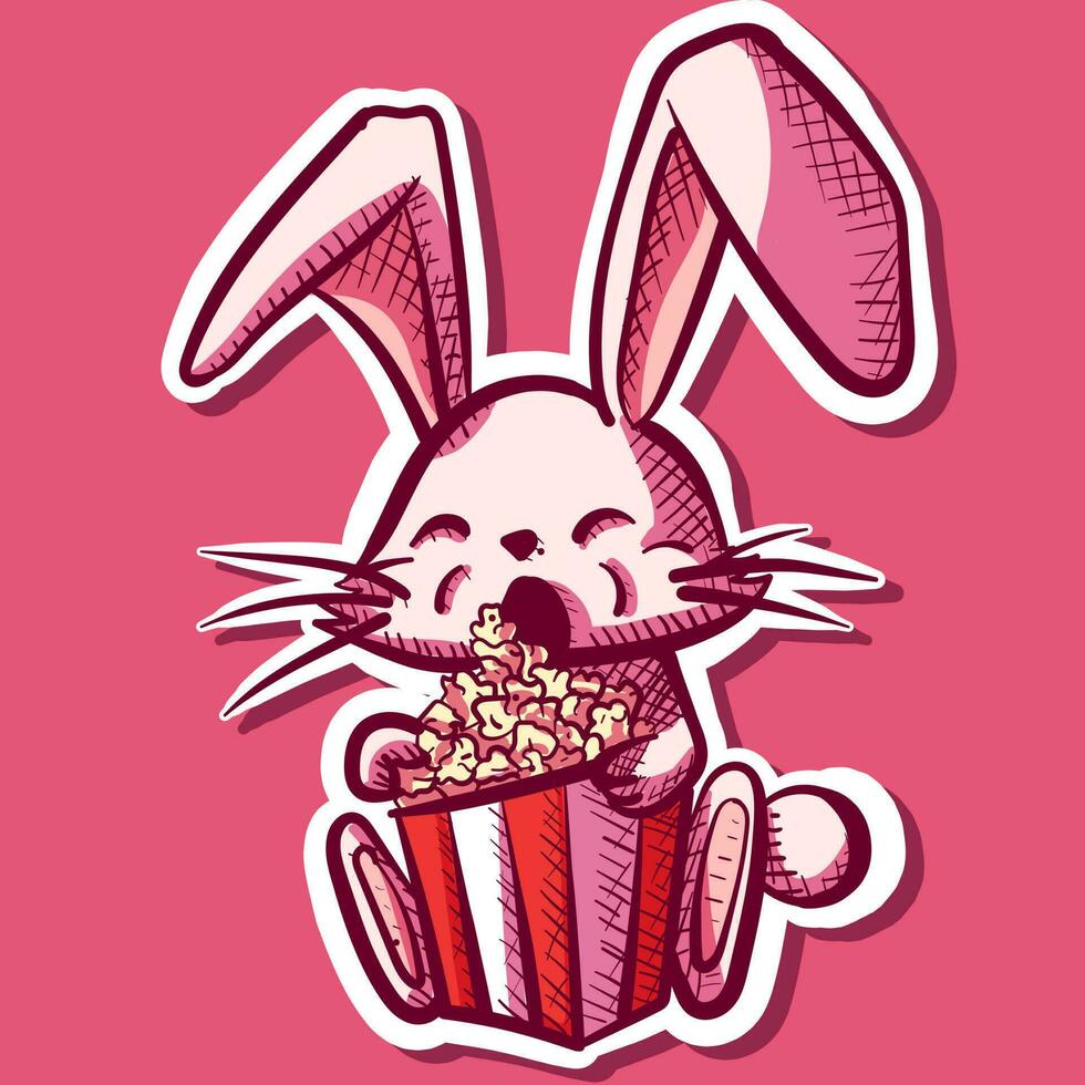 digital konst av en söt fluffig kanin äter popcorn från en hink. söt och rosa kanin innehav en låda av snacks. vektor