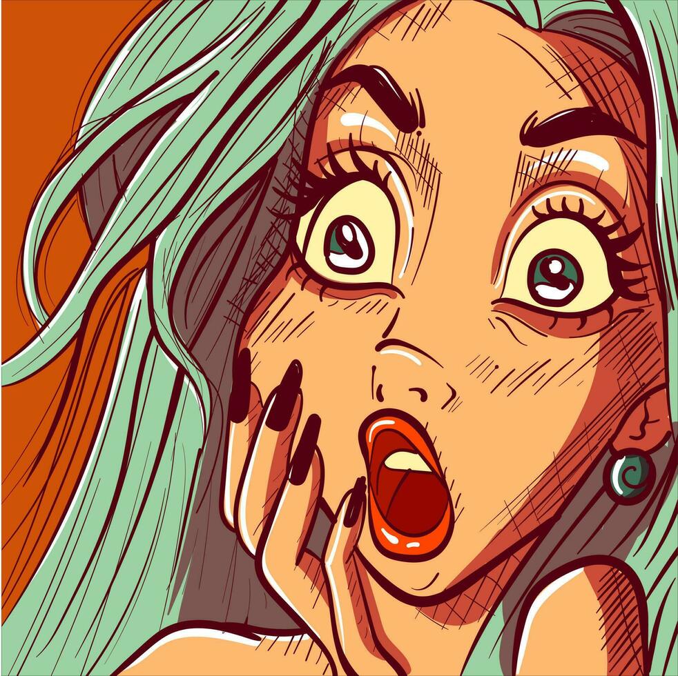 Pop Kunst Illustration von ein überrascht Frau Gesicht. Nahansicht Vektor von ein Stift oben Mädchen mit ein schockiert Gesichts- Ausdruck.