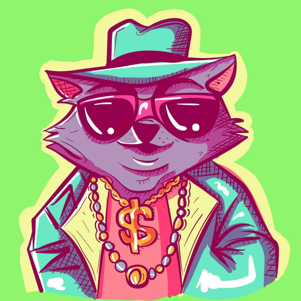 Digital Kunst von ein Boss Waschbär tragen Sonnenbrille, ein Dollar Zeichen Halskette, a Fedora und ein Anzug. Gangsta Detektiv Tier im cool Kleidung. vektor