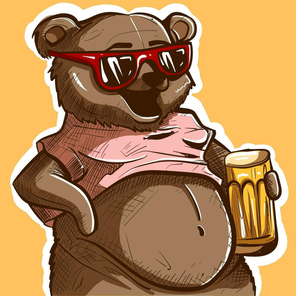 Digital Kunst von ein Bär mit seine Bauch kleben aus von seine Hemd halten ein Glas von Bier. wild Tier mit Sonnenbrille. vektor