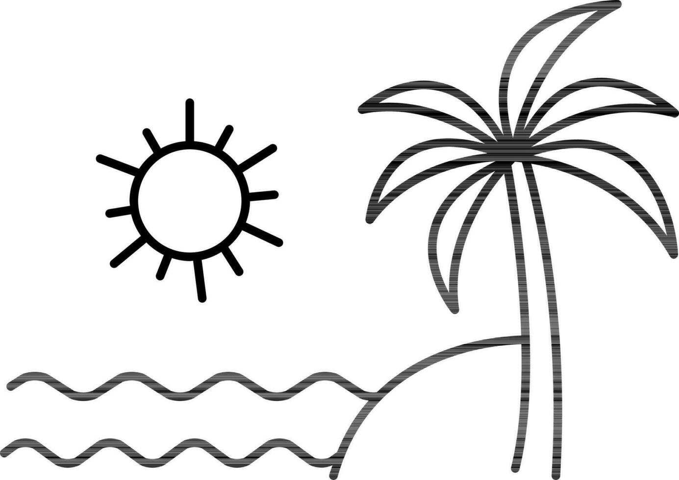Linie Kunst Illustration von Palme Baum mit Wasser Welle und Sonne Symbol. vektor