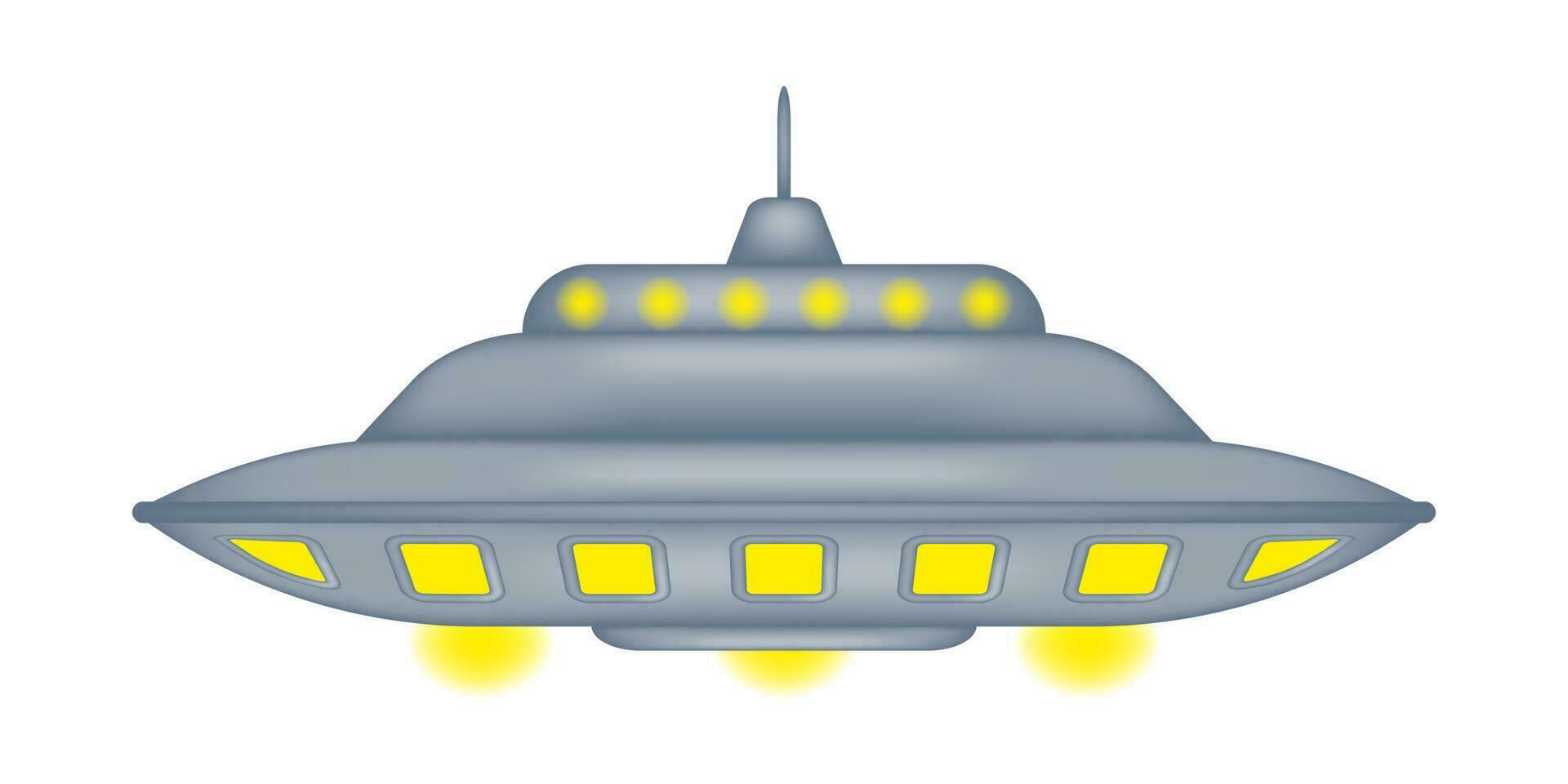 en söt isolerat flygande fat är flytande i de luft omgiven förbi en halo av gul lampor. fantastisk Plats resa fordon design. UFO dag. vektor illustration.