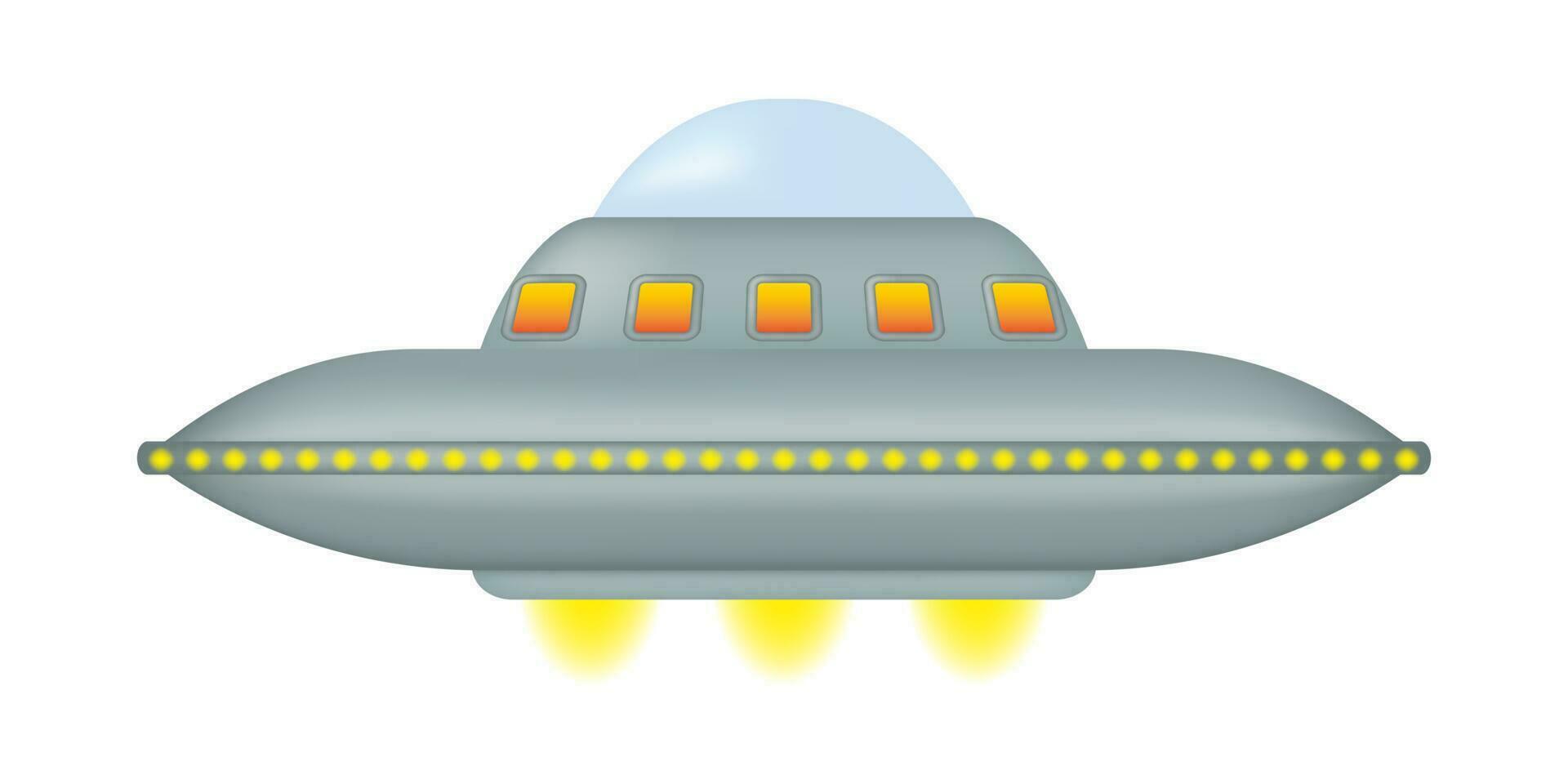 ett isolerat flygande fat med en serier av gul lampor omgivande dess runda metall kropp. fantastisk utomjording rymdskepp. UFO dag. vektor illustration.
