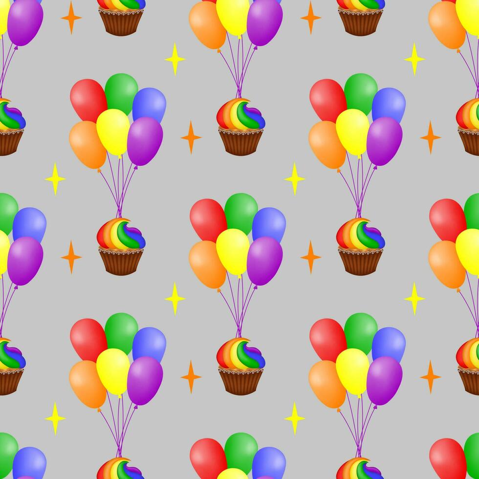 Bündel von bunt Luftballons, Sterne und Regenbogen Cupcakes auf ein grau Hintergrund. kindisch nahtlos Muster. zum Stoff, Verpackung, Hintergrund. Vektor Illustration.