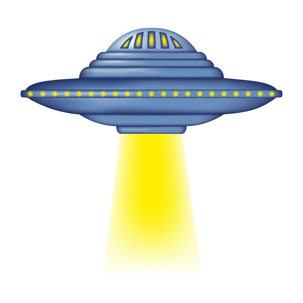 ein UFO nehmen aus emittieren ein mächtig Strahl von Licht. isoliert Außerirdischer Raumschiff mit Gelb Licht. fliegend Untertasse 3d. Vektor Illustration.