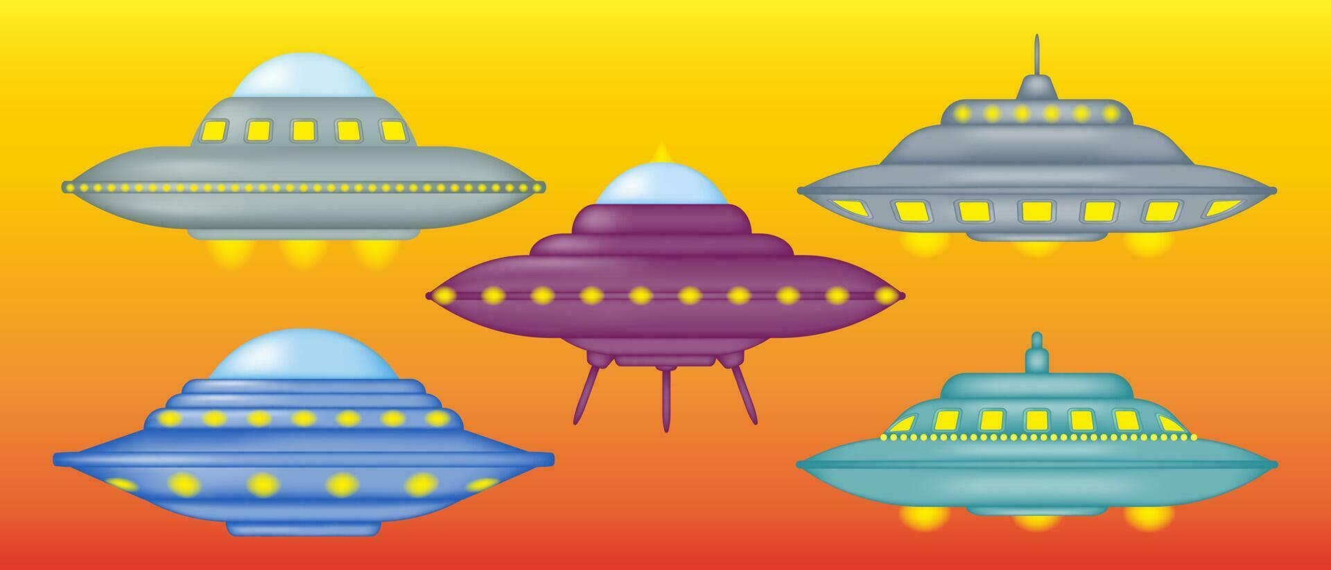 einstellen von verschiedene ufos. Sammlung von Außerirdischer Raumschiffe im Karikatur Stil. fliegend Untertasse 3d. Vektor Illustration.