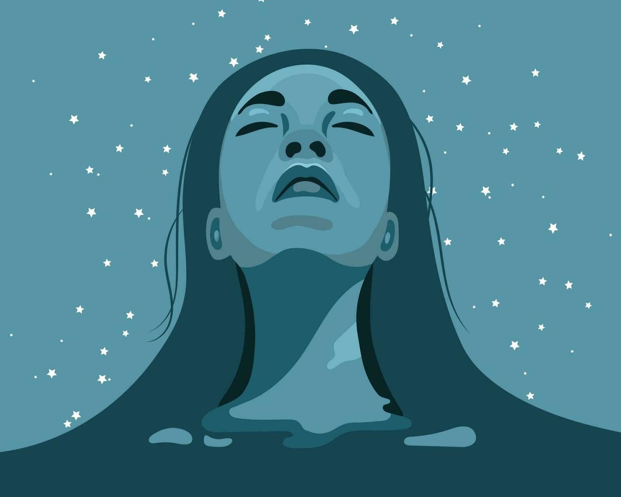mental Gesundheit. Harmonie mit du selber und das Universum. Frau auf das Hintergrund von das Himmel mit Sterne. Illustration, Vektor