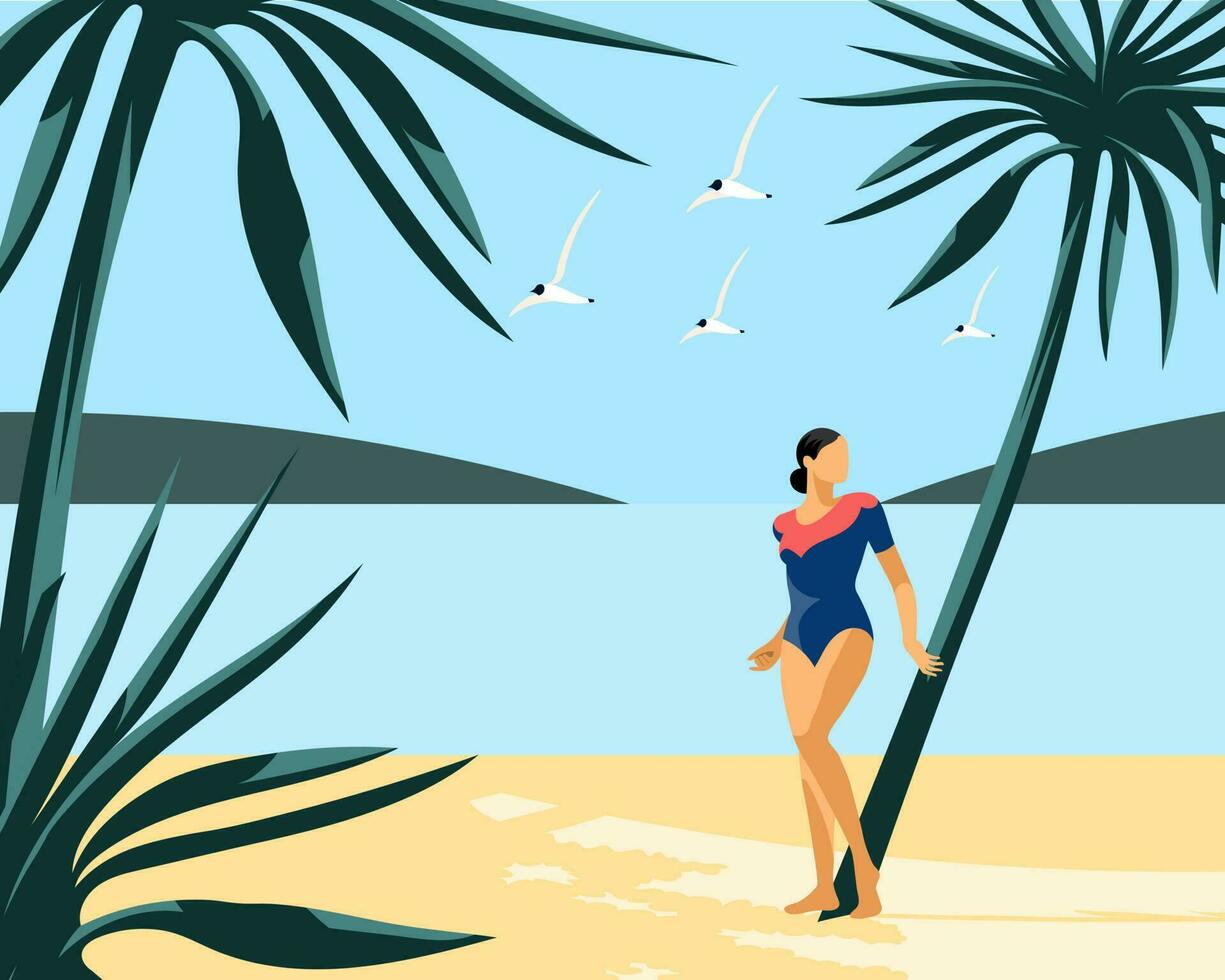Eine junge Frau in einem Badeanzug steht in der Nähe einer Palme am Strand und am Meer mit Möwen. urlaubs- und reiseillustration, vektor