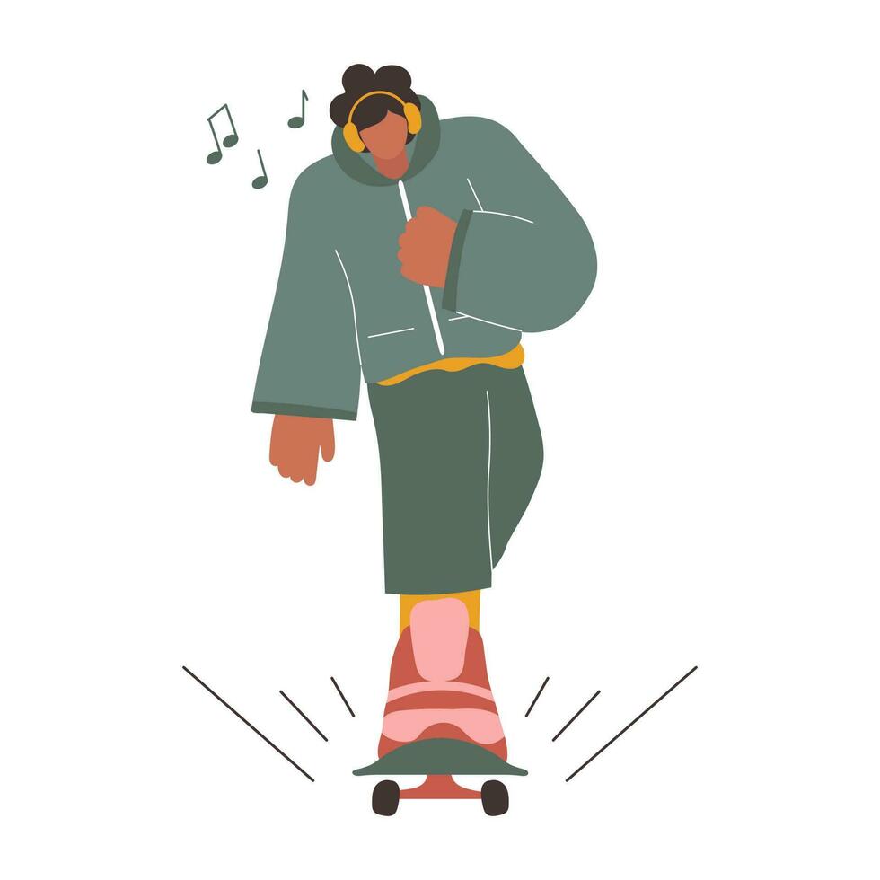 ein jung Kerl mit Kopfhörer auf ein Skateboard hört zu zu Musik. Karikatur Trend Illustration, Vektor