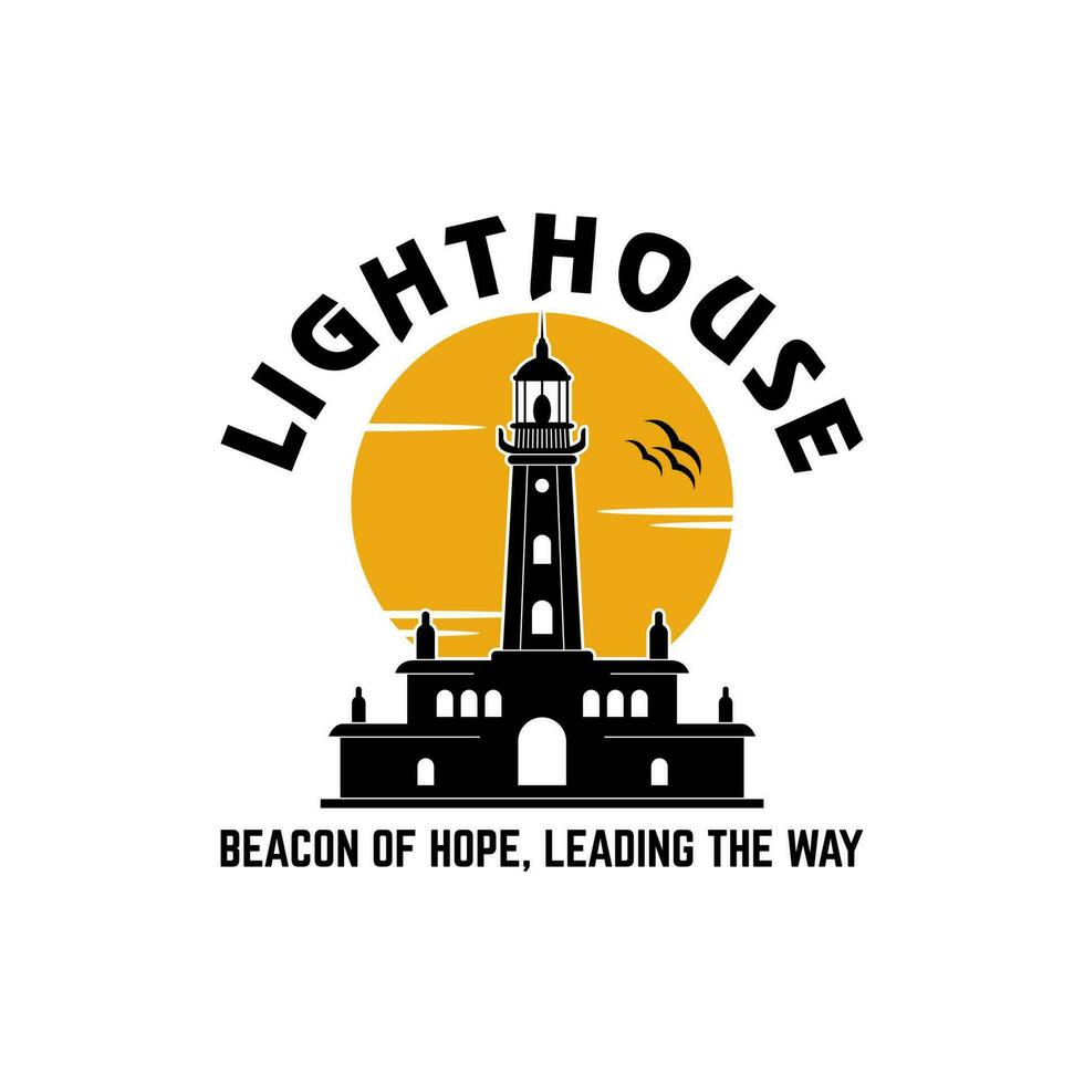 Leuchtturm Silhouette beim Sonnenuntergang Vektor Design zum Küsten Hafen Logo mit Zeiger Licht