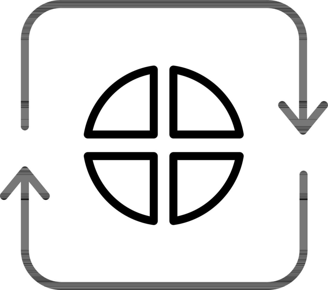 schwarz Linie Kunst Illustration von Kuchen Diagramm mit rotierend Pfeil Symbol. vektor