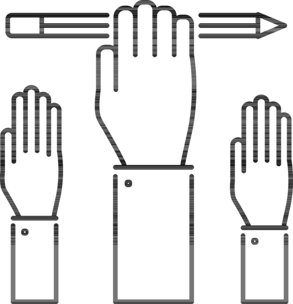 Hände oben mit Bleistift Symbol im schwarz Umriss. vektor