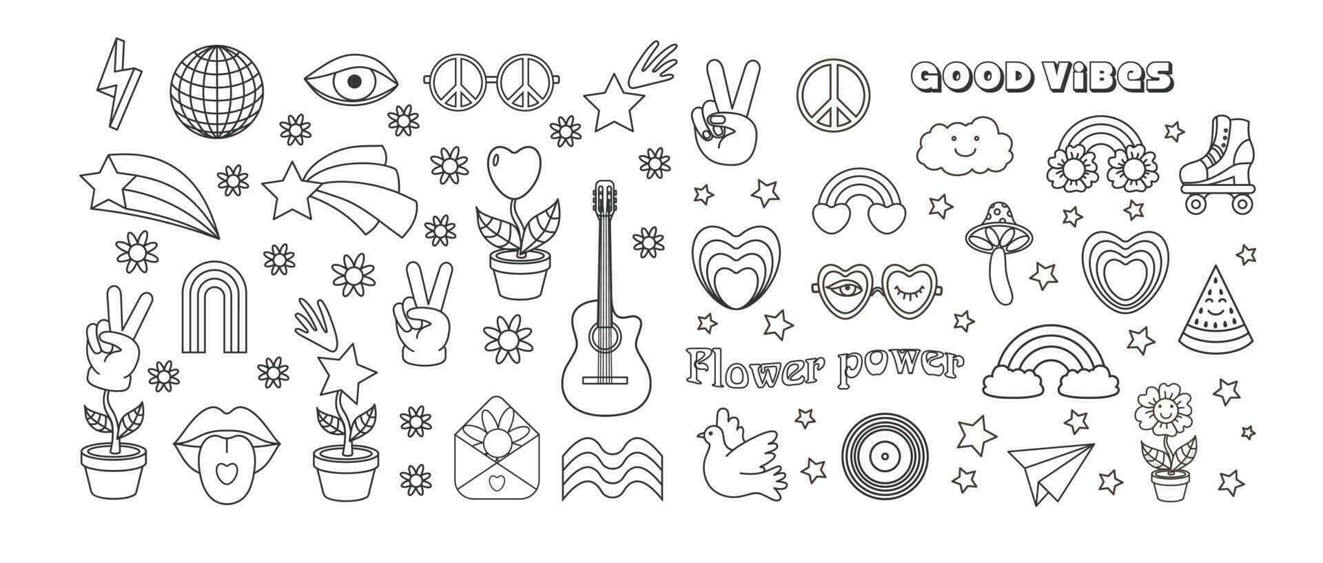 Gliederung Frieden, Liebe, Regenbogen, Disko Ball, Sonnenbrille, Mund, Gitarre Symbol usw. isoliert Vektor Illustration. groovig Hippie 70er Jahre Satz.