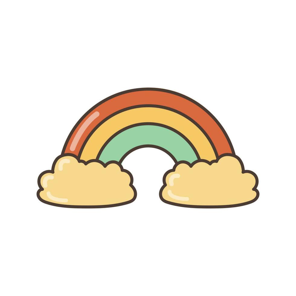 Regenbogen Symbol mit Wolken. Illustration im Karikatur Stil. 70er Jahre retro Clip Art Vektor Design.