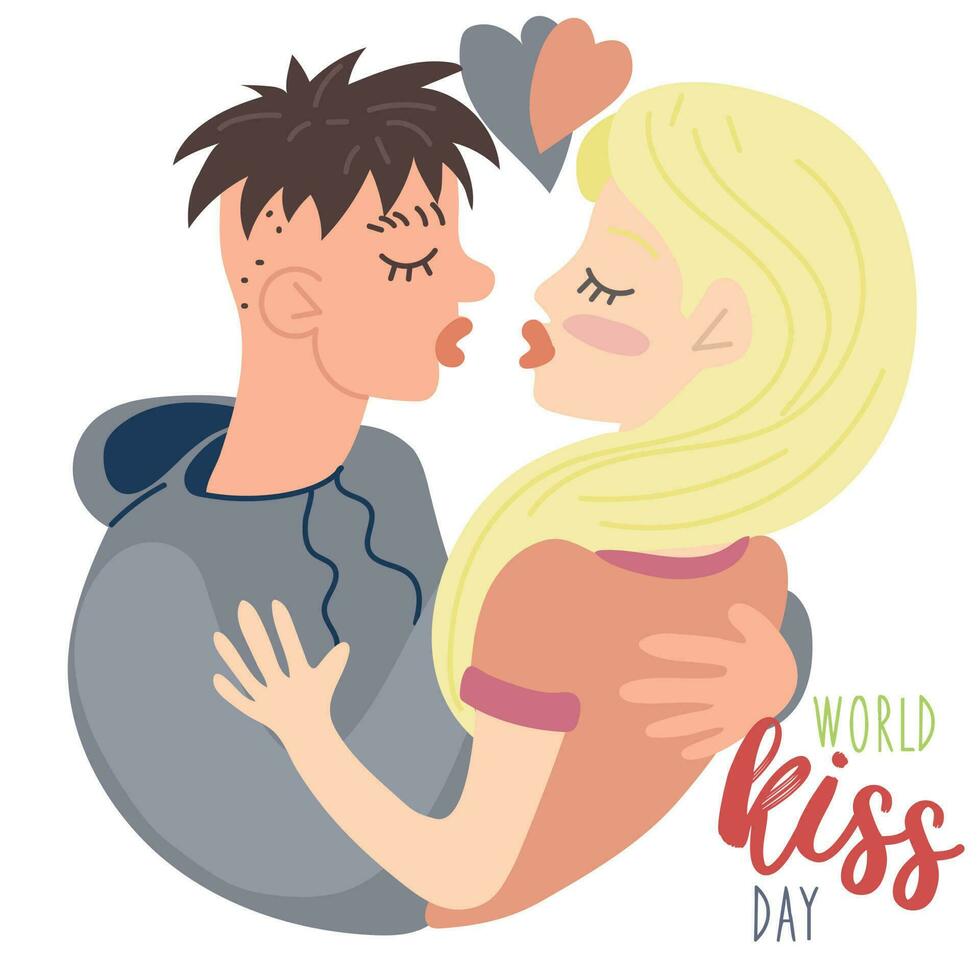 Welt küssen Tag. ein jung Kerl erreicht aus zu das Mädchen zu Kuss ihr. Valentinstag Tag. abstrakt Illustration von Liebe. magisch Gefühle. zum Drucken, Poster, Postkarten. ein Geschenk zum ein geliebt eins. Platz vektor