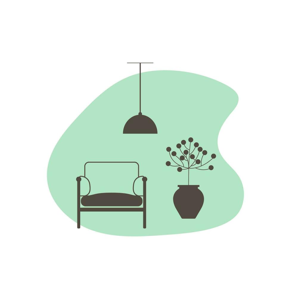 Leben Zimmer Innere mit Sessel, Lampe und Blume im Topf. eben Vektor Symbol. Innere Symbol
