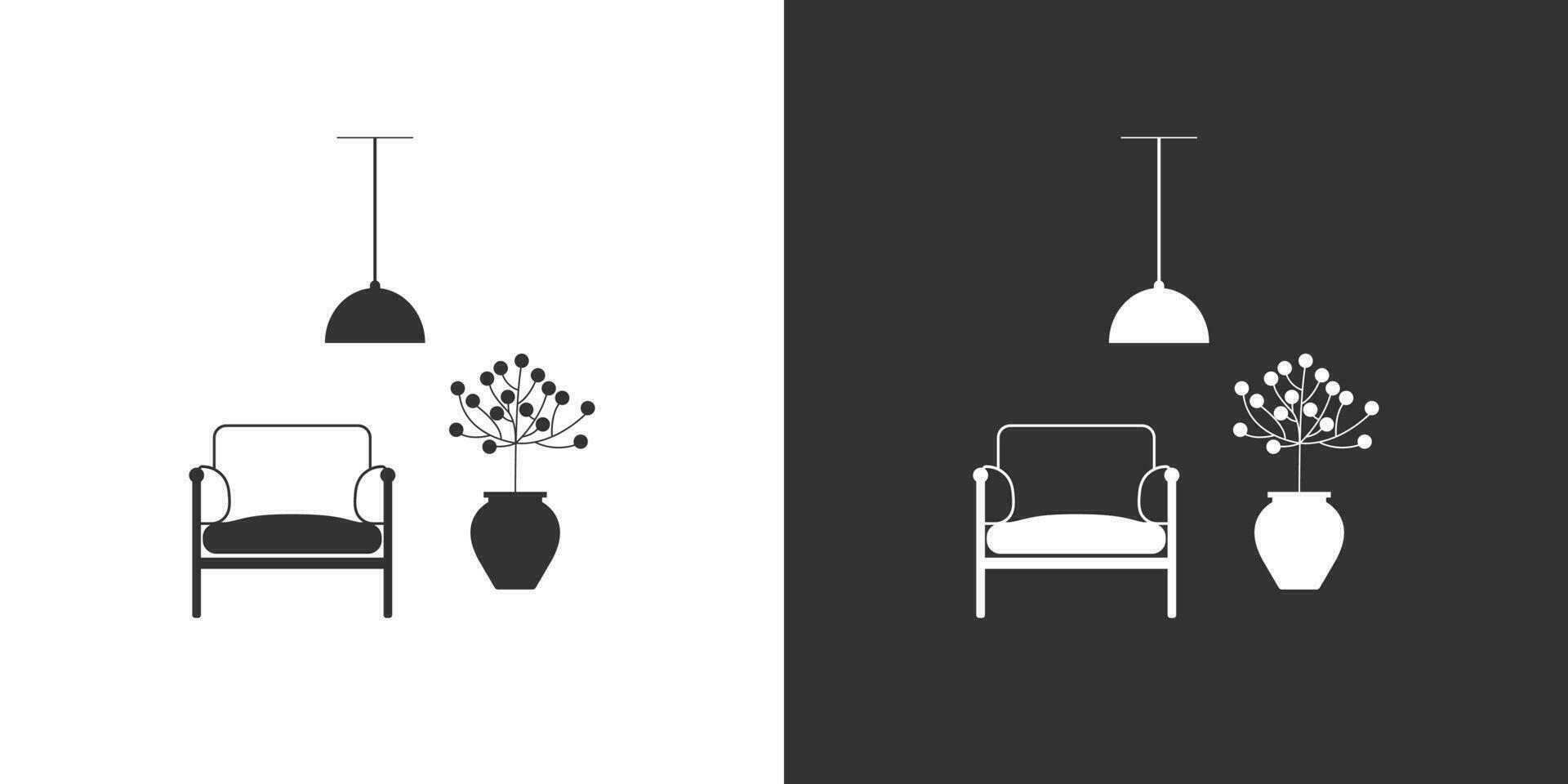 interiör möbel ikon på svart och vit bakgrund. fåtölj, inlagd växt, tak lampa. vektor ikon