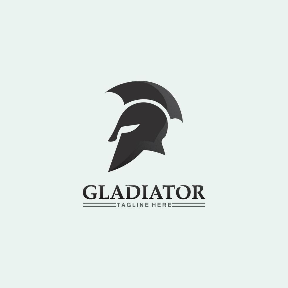 spartanisches Helmlogo und Gladiator, Macht, Vintage, Schwert, Sicherheit, legendäres Logo und Vektor des Soldatenklassikers